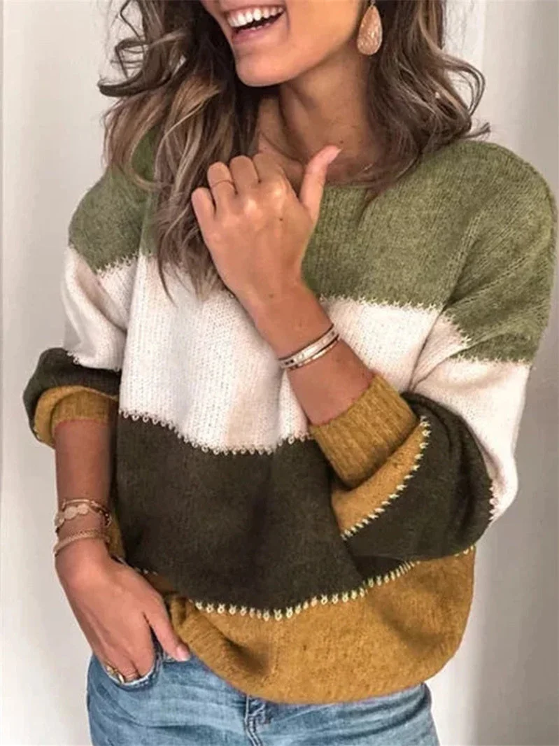 Women plus size clothing Women Long Sleeve Scoop Neck Stitching Colorblock Sweaters-Nordswear
