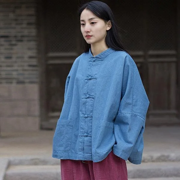 Women Denim Jackets Vintage Stand Bat Sleeve Solid Color Coats