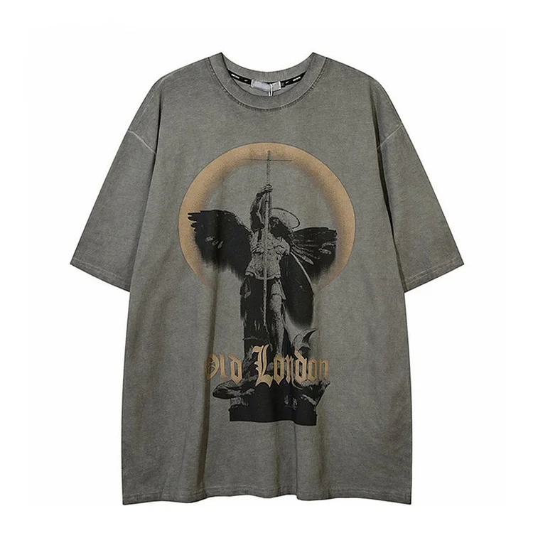 Streetwear Letter Statue Printed Harajuku Cotton Loose T-Shirt at Hiphopee