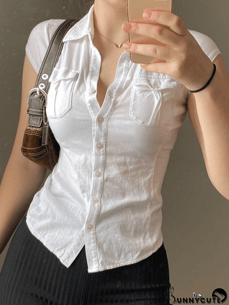 Pocket Button Down Cropped Blouse