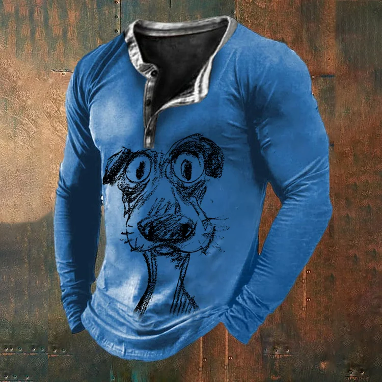Comstylish Men's The Cute Dog Vintage Casual Long Sleeve Henley Shirt