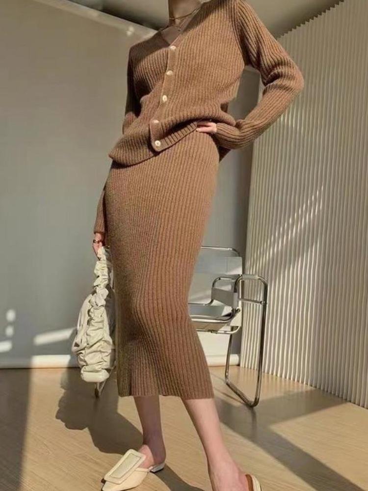 Women's Fashion Solid Sweater Cardigan Skirt Two-Piece Set
