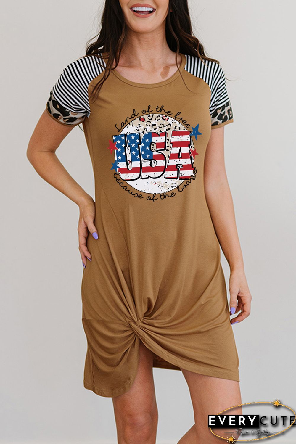 Brown USA Flag Day Leopard Striped Sleeve Dress