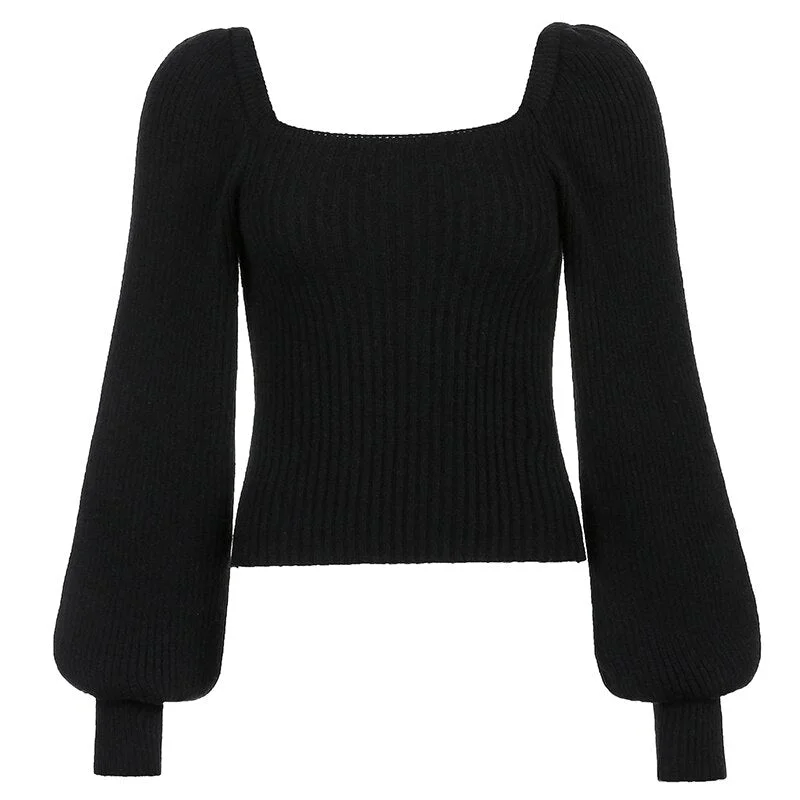 HEYounGIRL Autumn Puff Sleeve Knitted Cropped Top Vintage Long Sleeve Sweater Square Collar Elegant Casual Jumpers Knitwear 2021