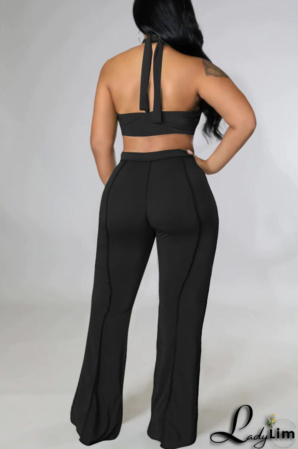 Black Sexy Solid Split Joint Backless Asymmetrical Halter Plus Size Two Pieces