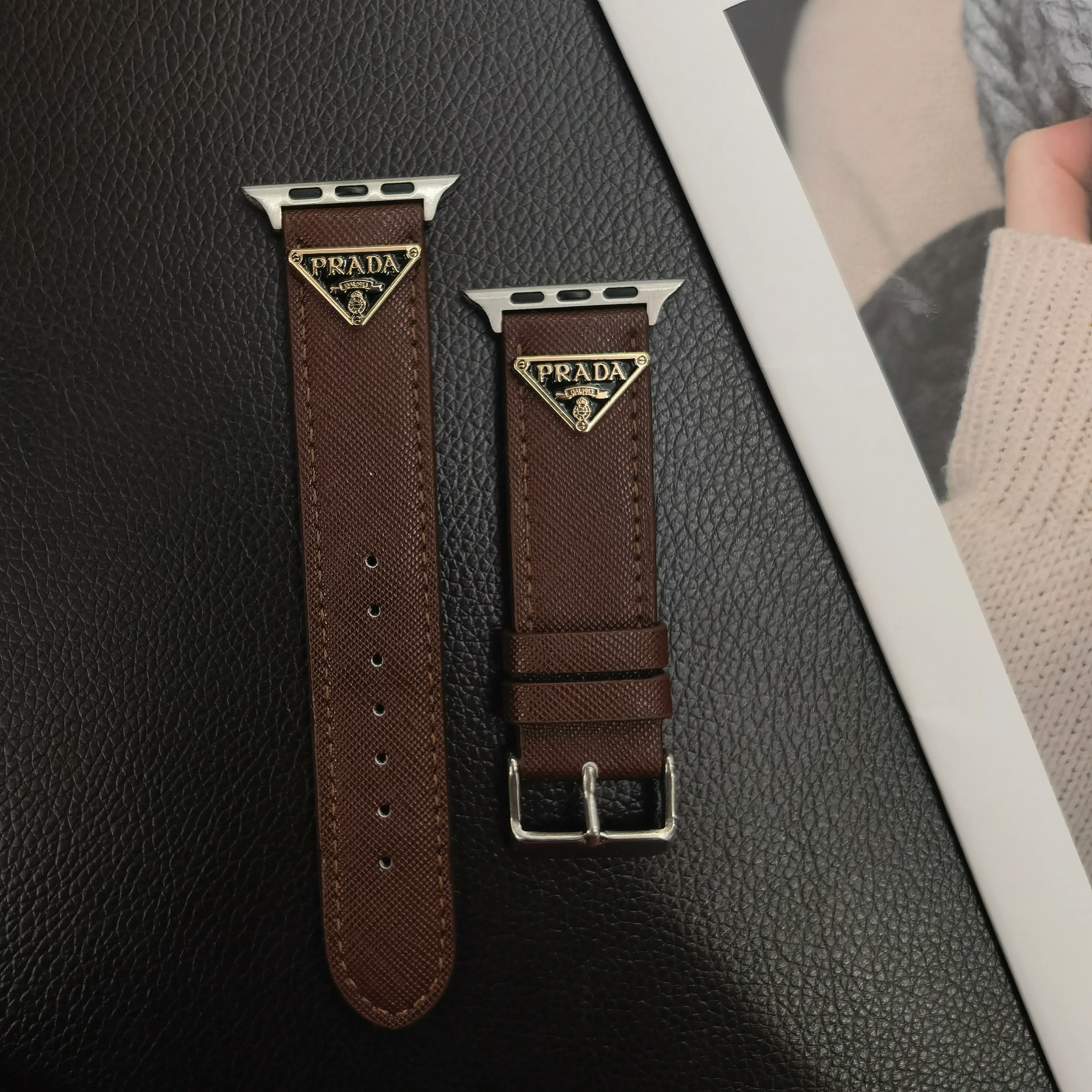 Prada Classic Double Triangle Monogram Label Leather Apple Watch Band