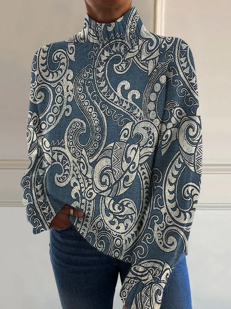 Texture Geometric Curl Art Print Knit Turtleneck Pullover Sweater