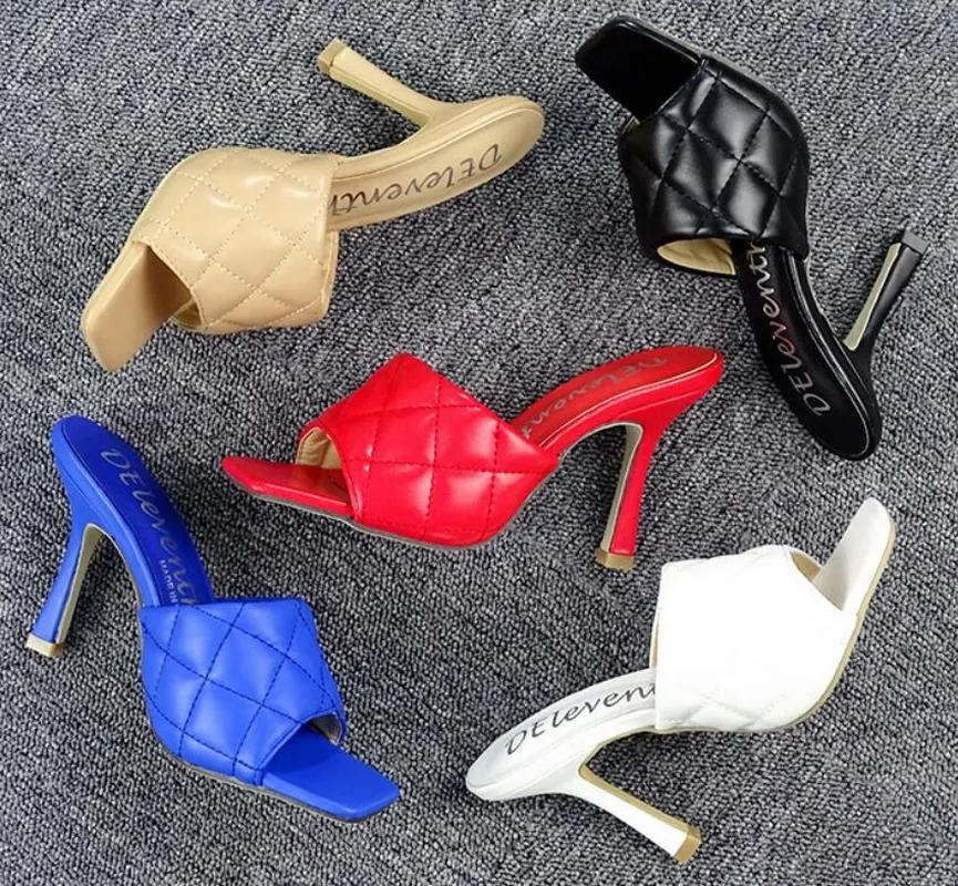 Marian Sqaure Toe Red Quilted Mule Heels Shoe Black PU High Heel Shoes Women Sandals Sliper Woman Shoes Zapatos Mujer White Blue