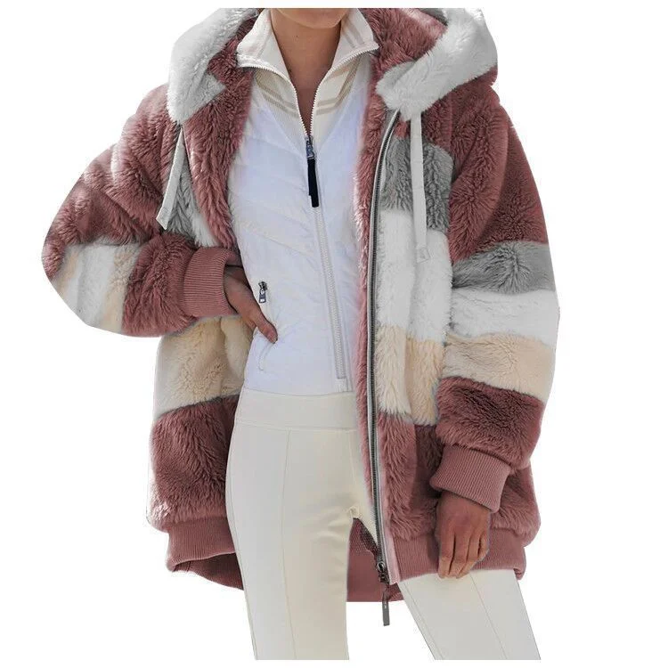 Uveng Women's Loose Plush Multi-color Hooded Coats