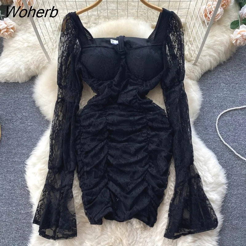 Woherb Elegant Lady Skinny Lace Dress Spring Autumn Fashion Flare Sleeve White Black Gothic Short Dress Party Vestidos