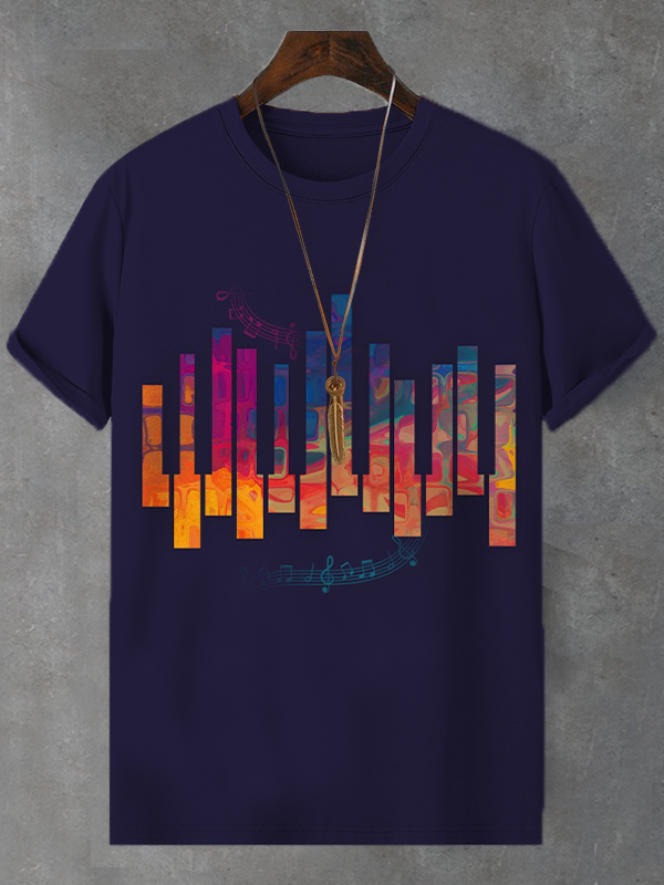 Men's Retro Piano Color Print Casual T-Shirt