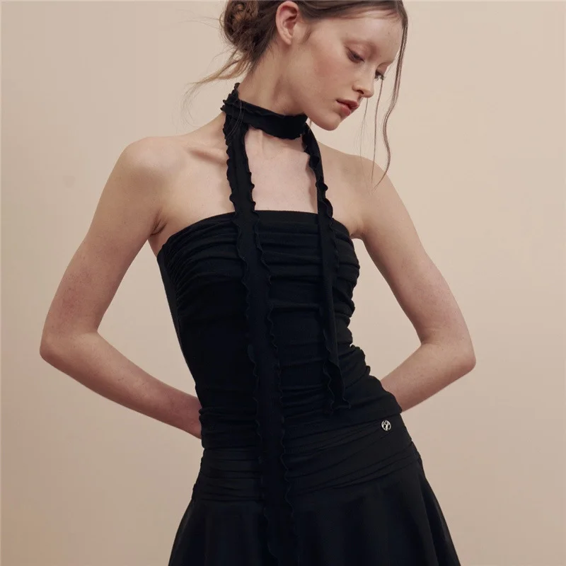 Toloer Toloer 2024 New Women's Solid Color Slim Fashion One Word Collar Pleated Sexy Show Back Vest-Outfit Ideas