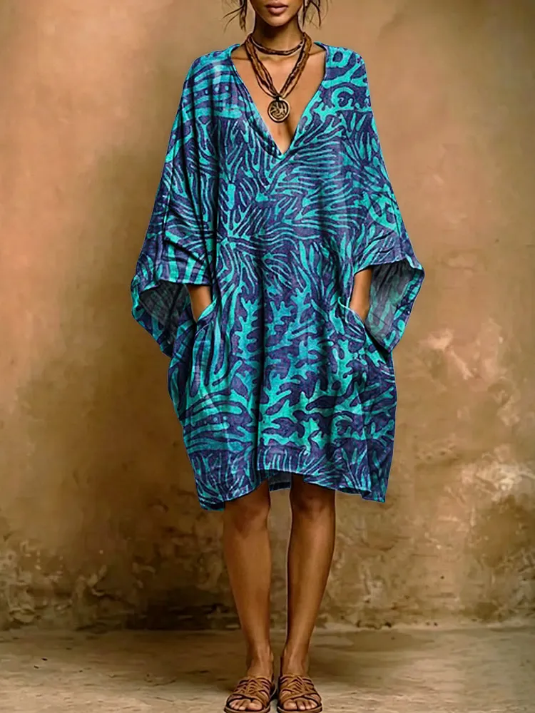 Women's Vintage Floral Print Short-sleeve Cotton-linen Dress