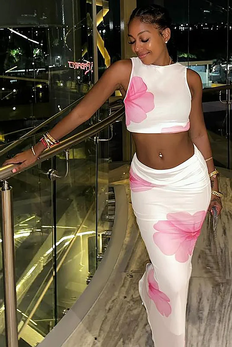 Floral Print Crop Tank Top Bodycon Maxi Skirt 2pcs Set-White