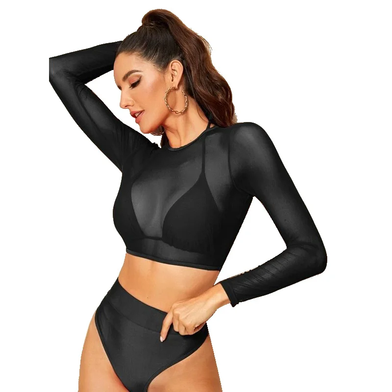 Wongn Wongn Sleeve Smock Mesh Bikini Swimsuit Split High Waist Triangle Three Piece Swimsuit 2023