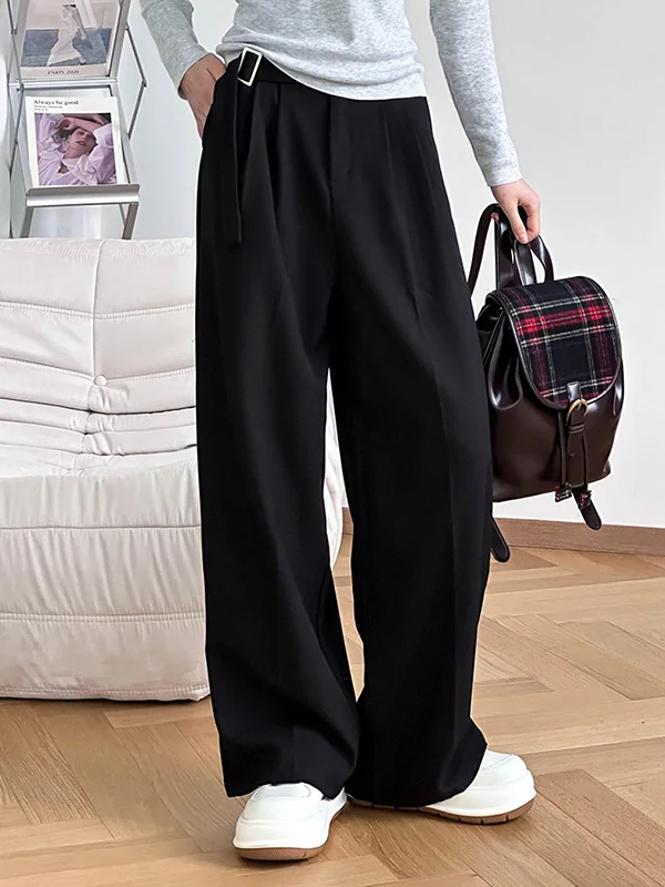 High Waisted Loose Belt Buckle Solid Color Suit Pants Trousers