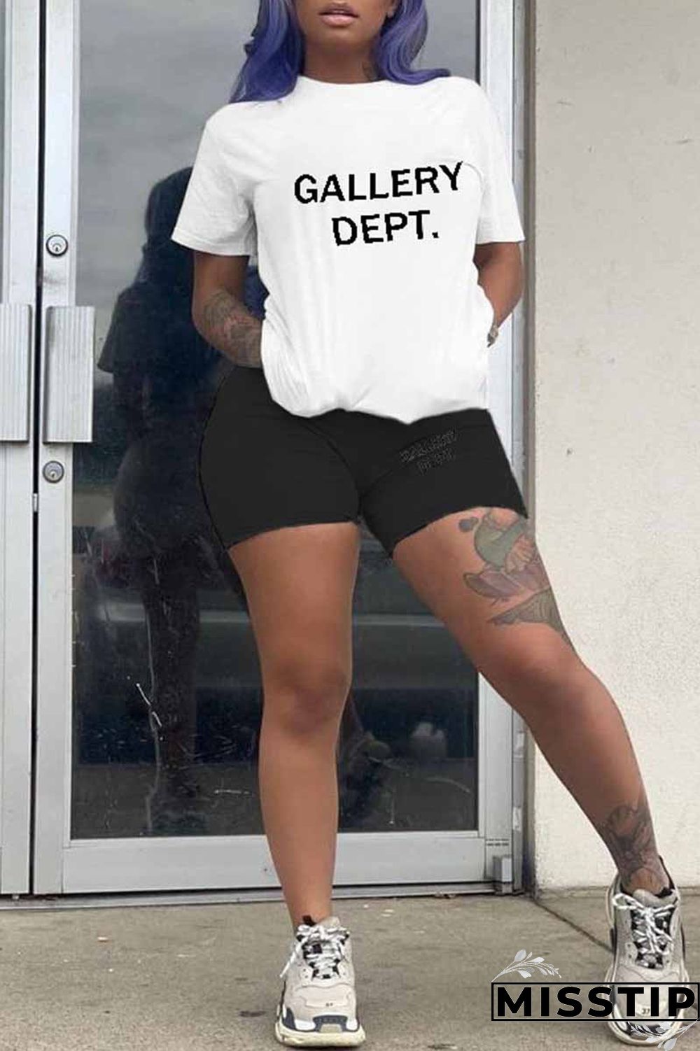 Blue Casual Print Letter O Neck Short Sleeve Two Pieces