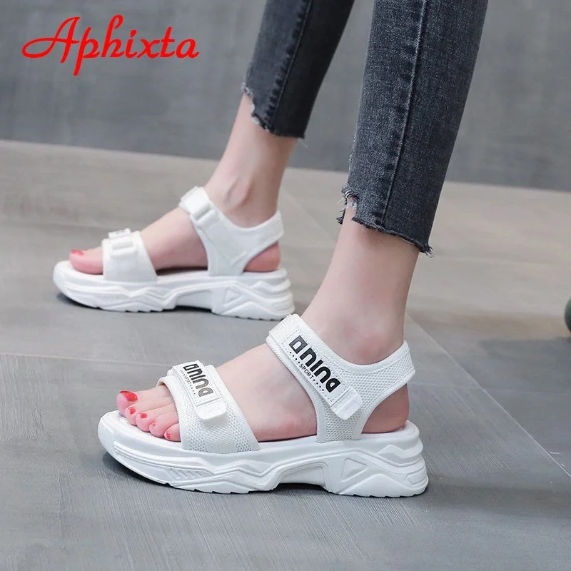Aphixta  2021 New Summer 1.968 inch Heel Platform Women Sandals Fashion Ladies Letters Hook & Loop Mesh Women's Wedges Shoes