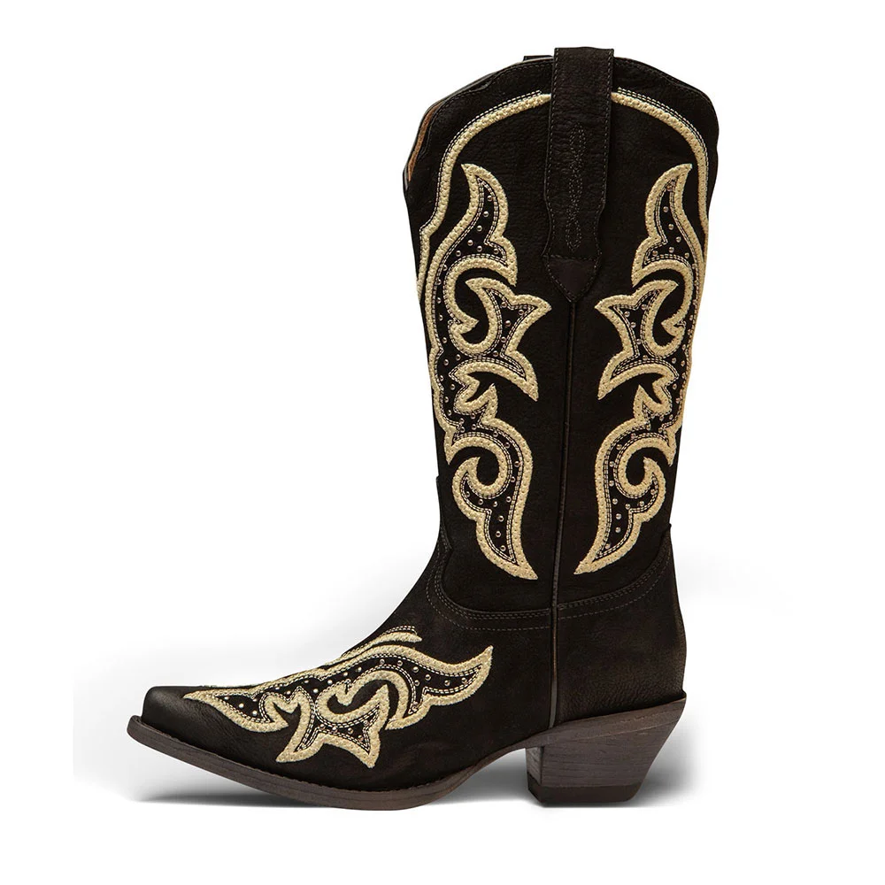 Black Studded Chunky Heel Gold Embroidery Western Boots for Women