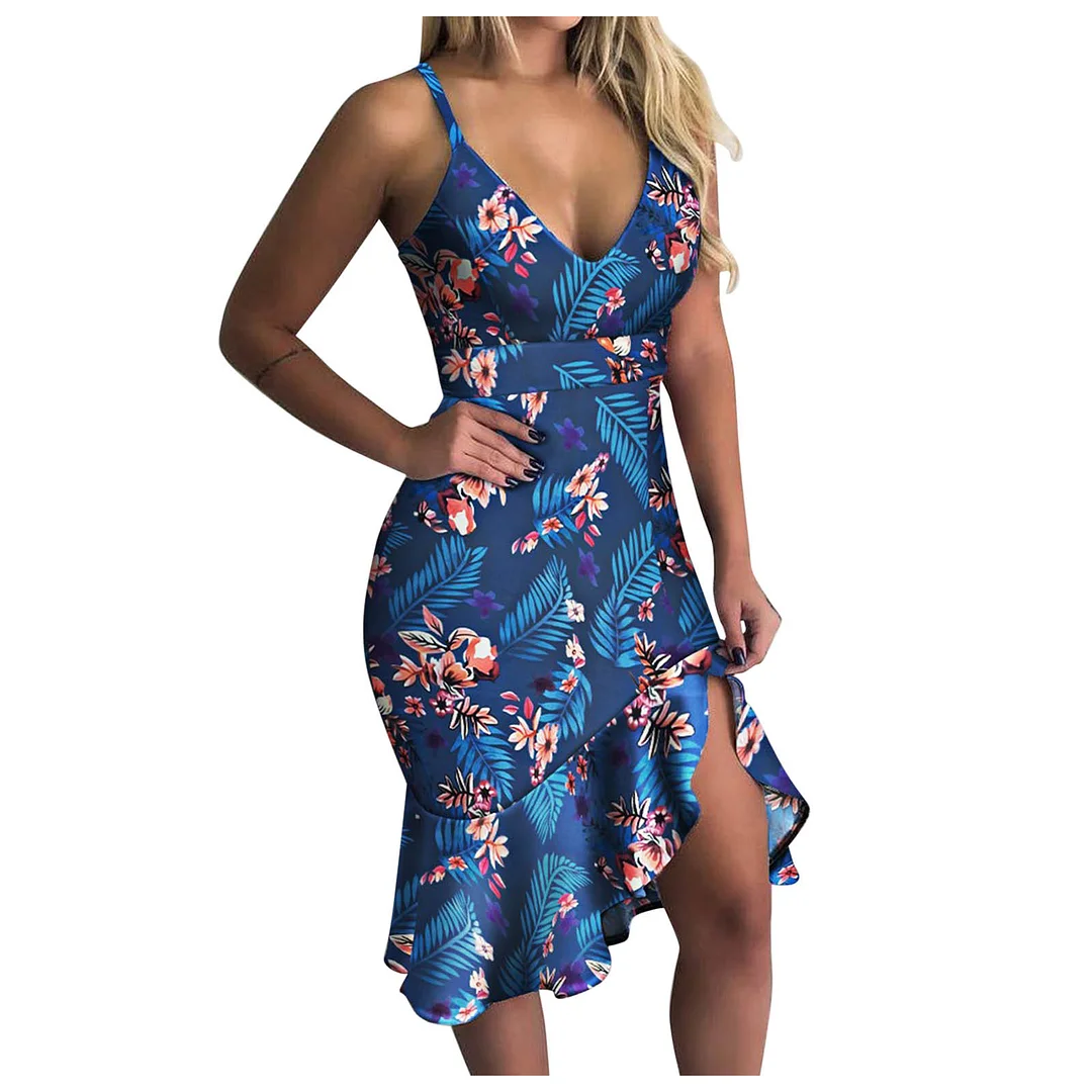 Printed Low-Cut Sling V-Neck Ruffled Hip Dress