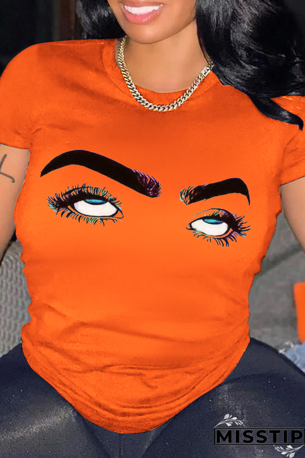 Navy Blue Street Print Patchwork O Neck T-Shirts