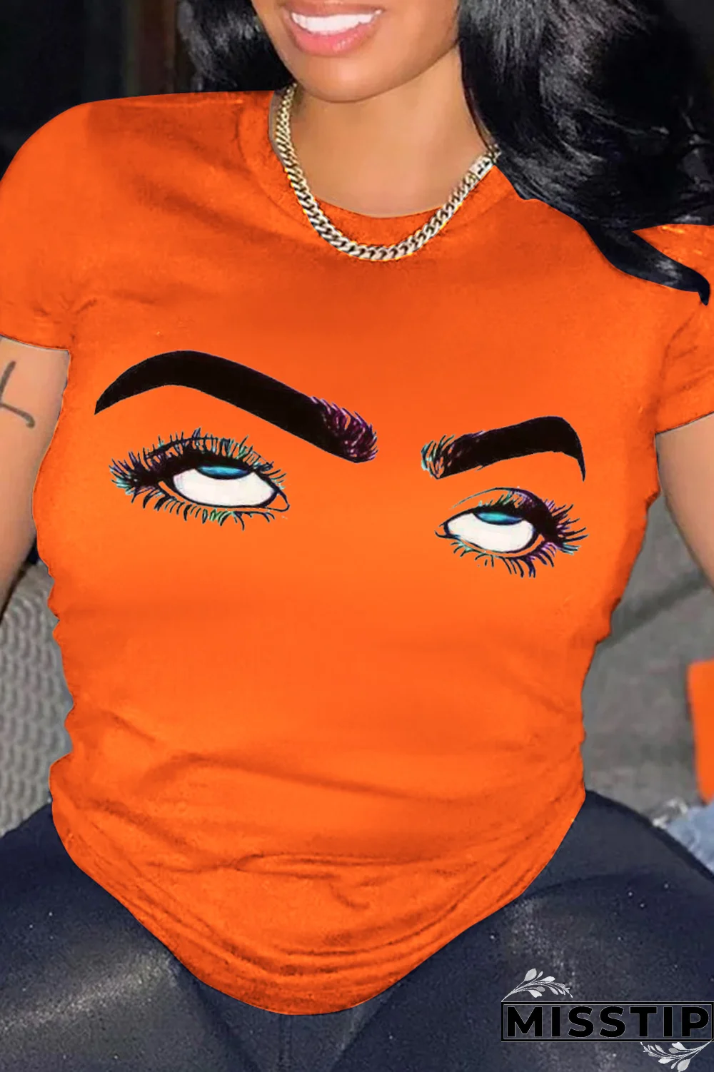 Navy Blue Street Print Patchwork O Neck T-Shirts