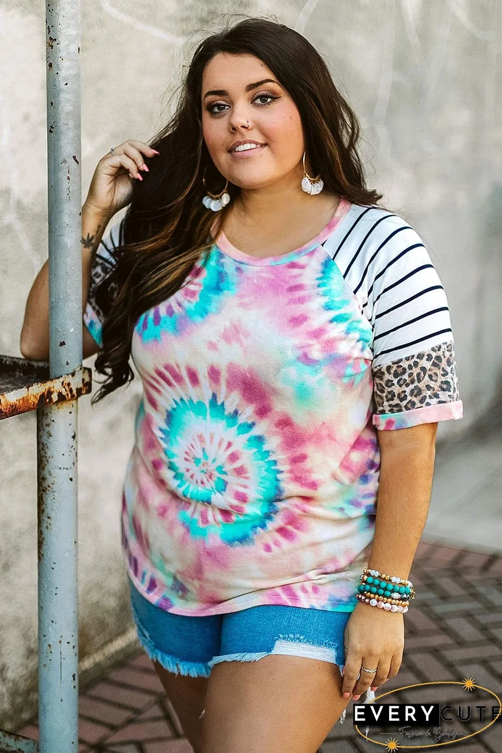 Tie-dye Print Leopard Striped Raglan Sleeve Plus Size Tee