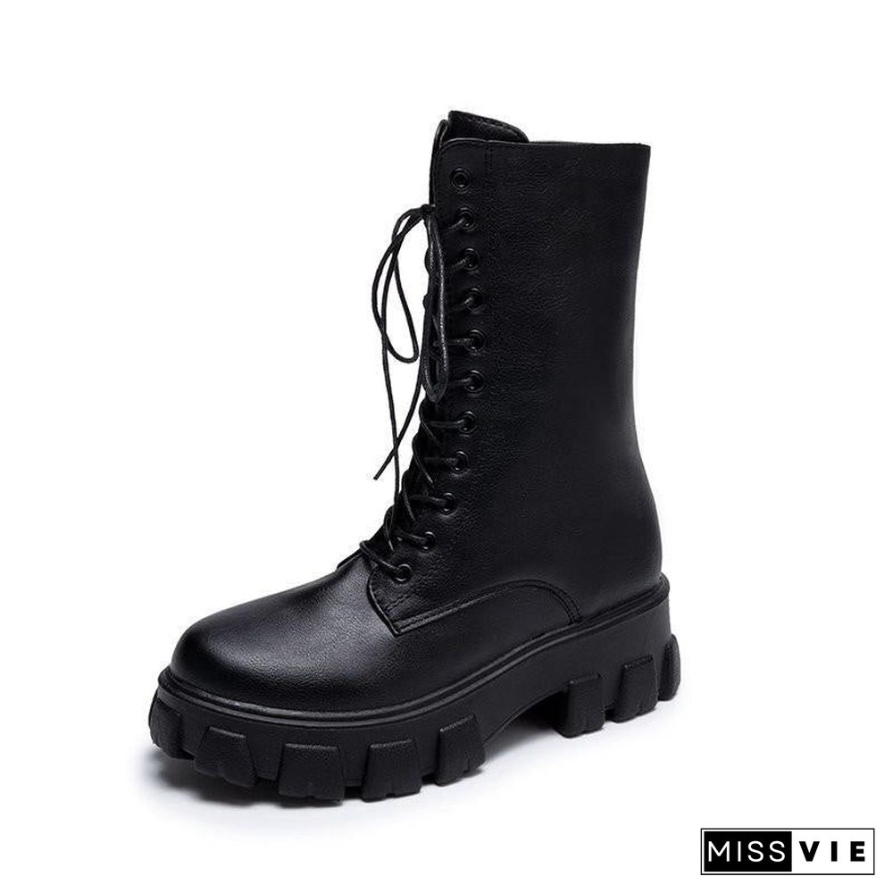 Womens White Boots, Autumn Fashion, Black Leather Platform, Gothic Punk Combat Mid-Calf