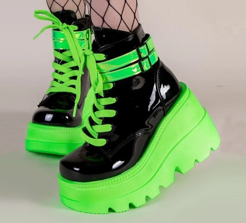 Lourdasprec Luxury New Female Platform Green Ankle Boots Fashion Zip Lace-up High Heels Women's Boots Party Goth Wedges Shoes Woman
