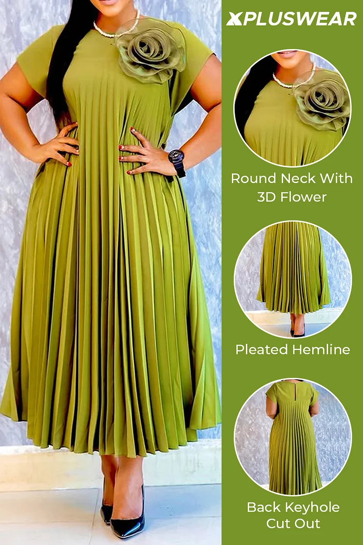 Plus Size Business Casual Green Elegant Round Neck Short Sleeve 3D Pleated Midi Dresses