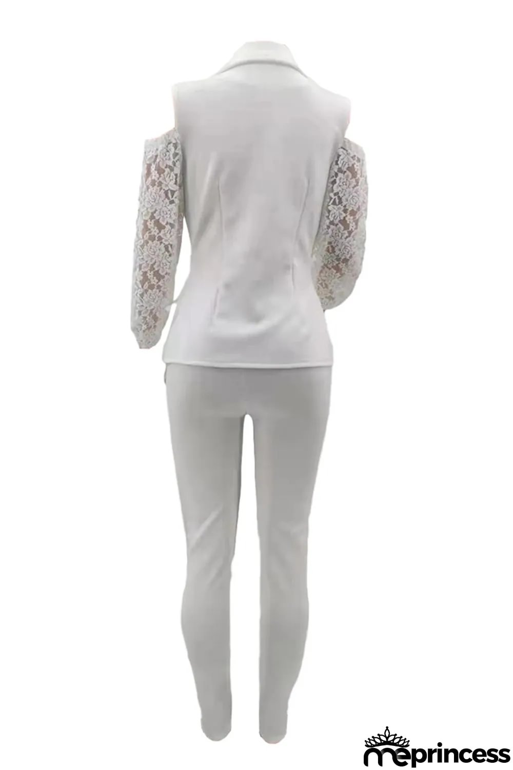 White Fashion Casual Patchwork Hollowed Out Turndown Collar Long Sleeve Two Pieces
