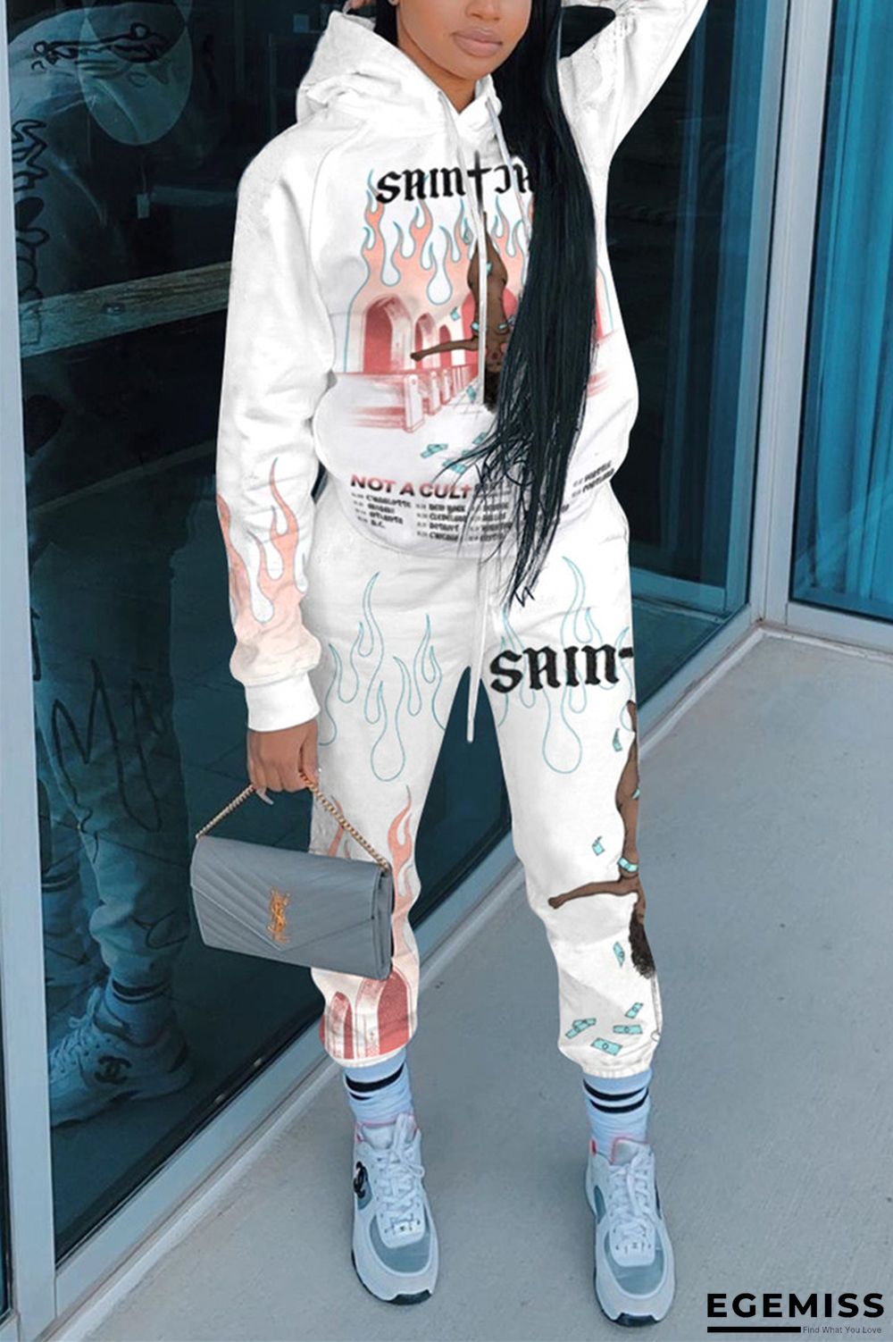 White Fashion Casual Adult Print Patchwork Hooded Collar Long Sleeve Regular Sleeve Regular Two Pieces | EGEMISS