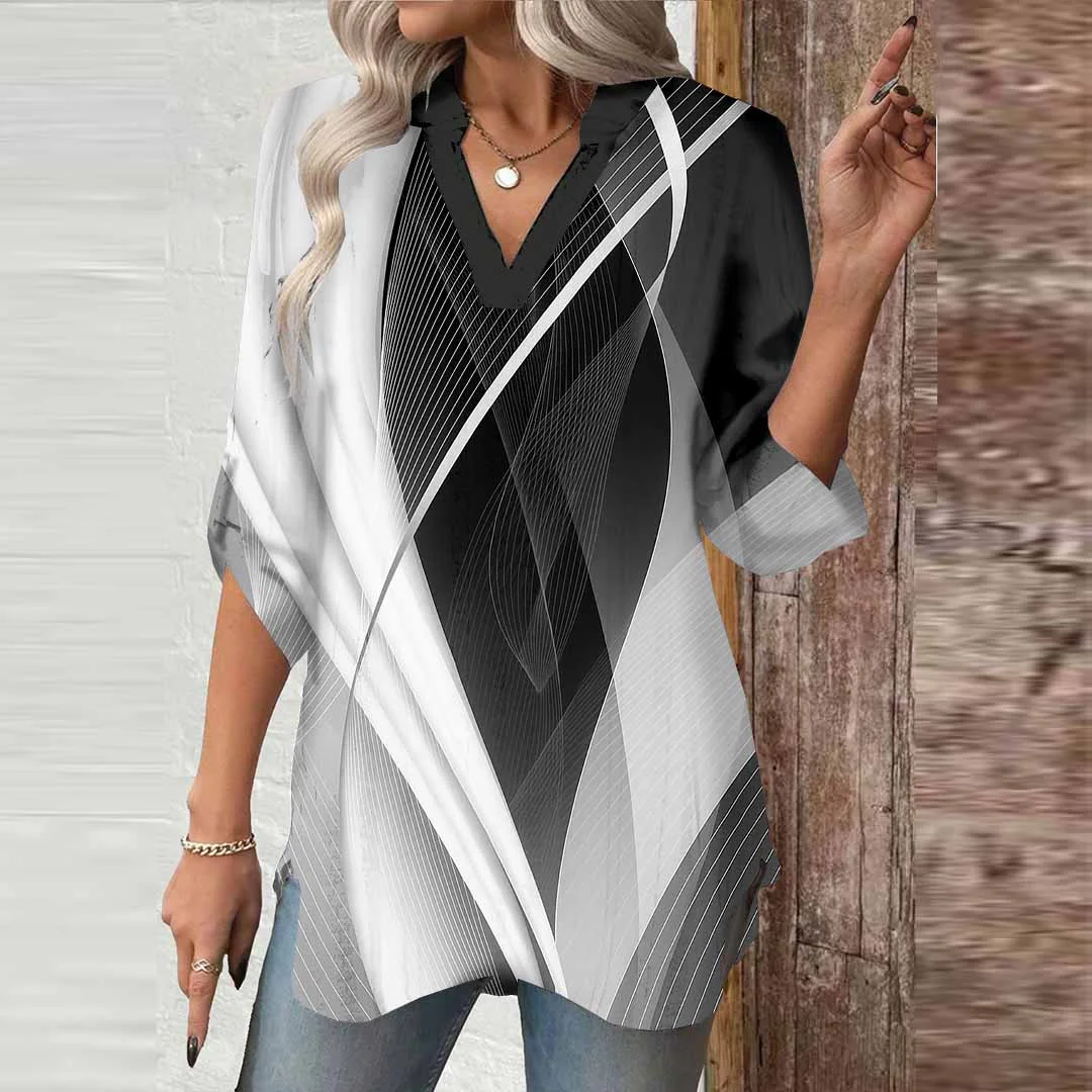 Women Geometric, Black, White DZGA0697 3/4 Sleeve V-neck Printed Graphic Button Tops