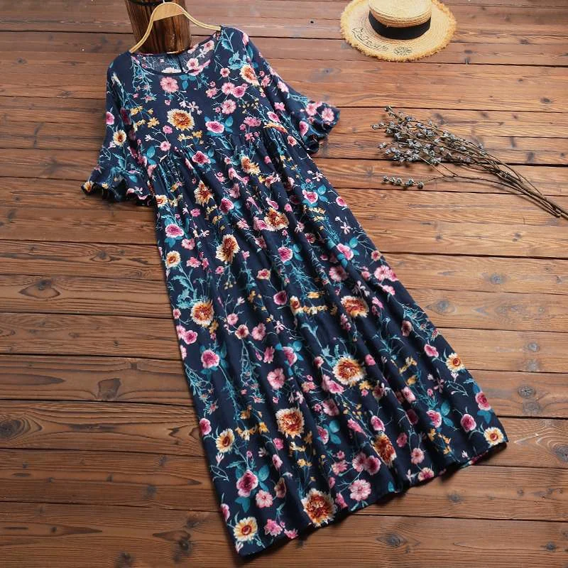 2022 ZANZEA Summer Short Sleeve Dress Women Floral Printd Long Maxi Sundress Bohemian Ruffles Vestidos Femme Robe Tunic Dresses