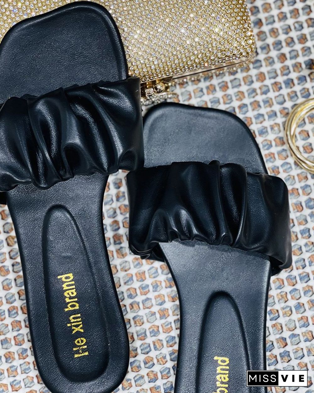 Square Toe Ruched Flat Sandals