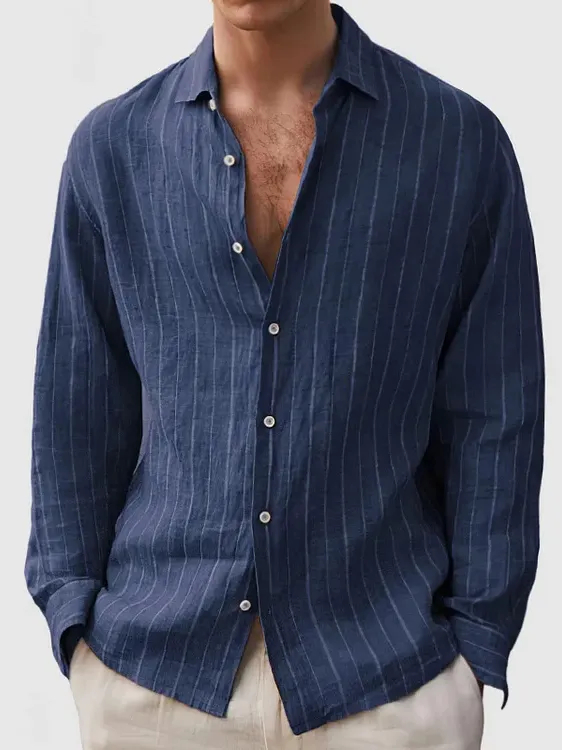 Men's Linen Striped Fashionable Long Sleeve Shirt PLUSCLOTHESMAN