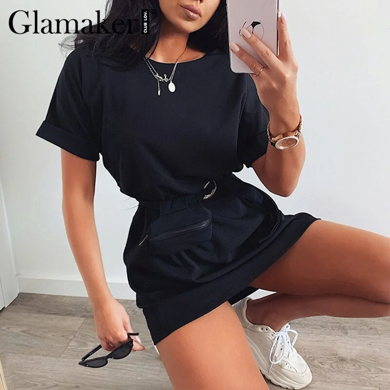 Glamaker Summer o neck white t shirt dress women solid 2020 belt short sleeve dress Female high waist black casual dress mini