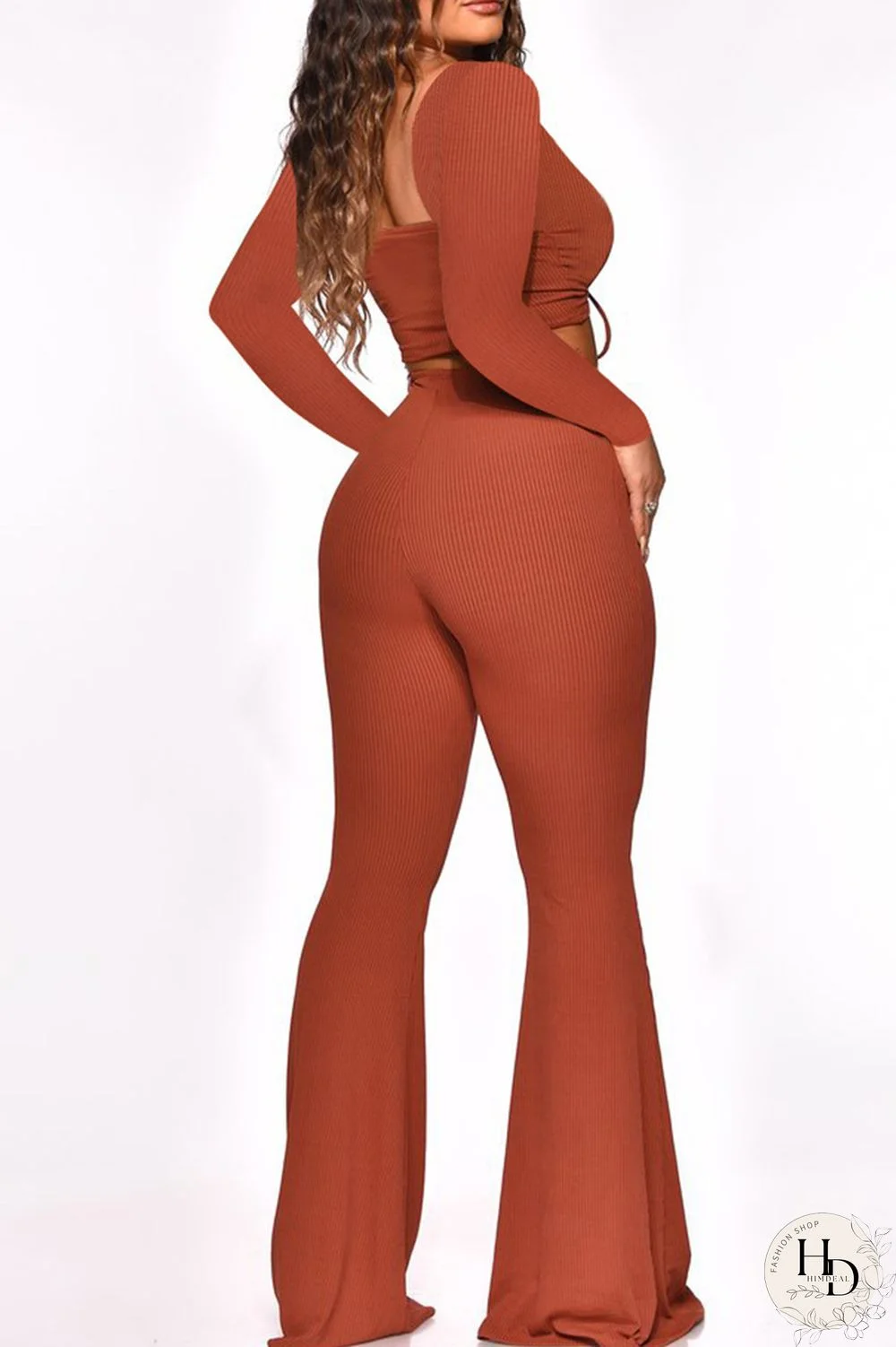 Light Blue Fashion Casual Solid Draw String V Neck Long Sleeve Two Pieces