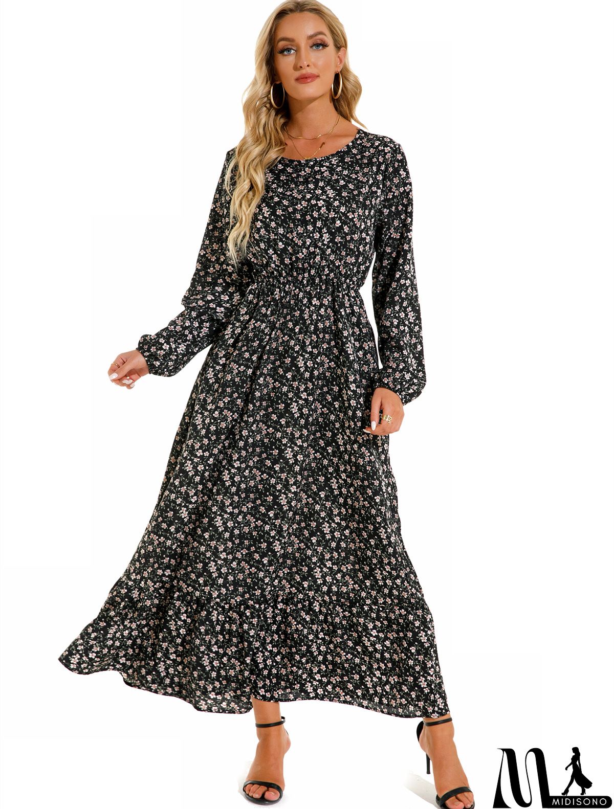 MidiSono - Women Fashion Casual Floral Print Round Neck Long Sleeve Maxi Dress