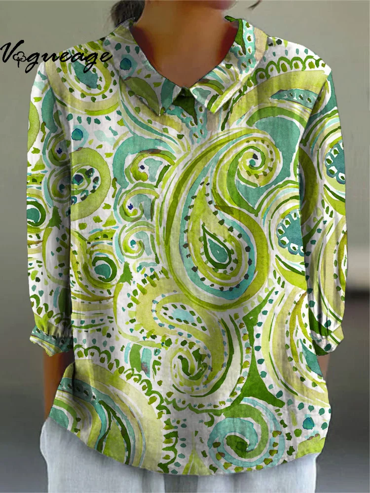 Bright And Elegant Painted Plants Printed Cotton And Linen Shirt