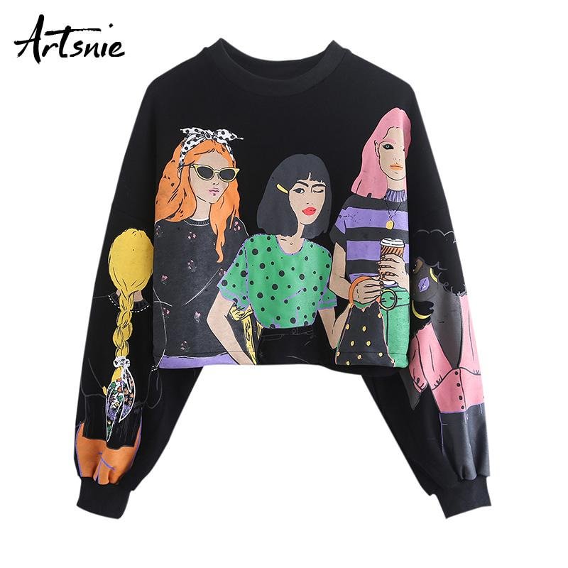 Artsnie character print women sweatshirt winter o neck long sleeve oversized hoodies black streetwear casual sweatshirts mujer