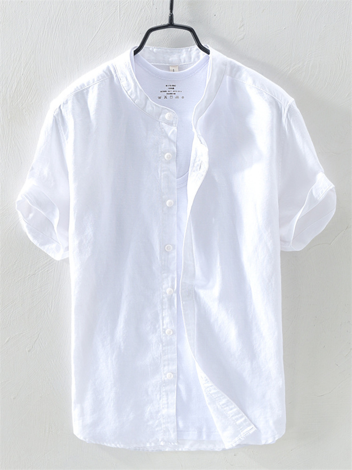 Chinese Style Cotton Shirt Cotton Men's Solid Color Collar Short Sleeve Shirt