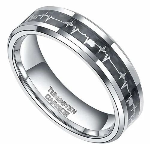 Women's or Men's Tungsten Carbide EKG Heartbeat Wedding Band Rings,Silver Band with Inlay Heart Life-line on Black Carbon Fiber,Tungsten Carbide Comfort Fit Love Ring With Mens And Womens For Width 4MM 6MM 8MM 10MM