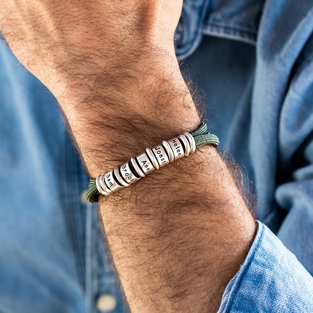 Personalized Mens Custom Bead Bracelet in Sterling Silver Adjustable Black Green Cord Engraved Fathers Day Gift for Him Men Dad Husband Son
