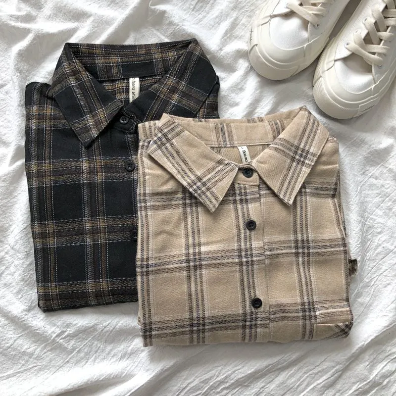 Plaid Shirt Loose Women Oversized Blouse Original Long Sleeve Tops Female Vintage Femme Blusas Casual Outwear 2021