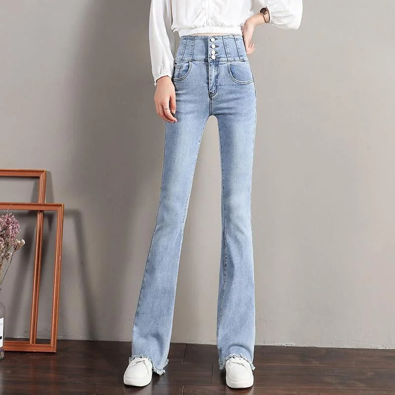 Spring Autumn Skinny Short Jeans Student High Waist Flare Pants Feminino Women Slim Stretch Shorts Long Pants Femme Bodycon