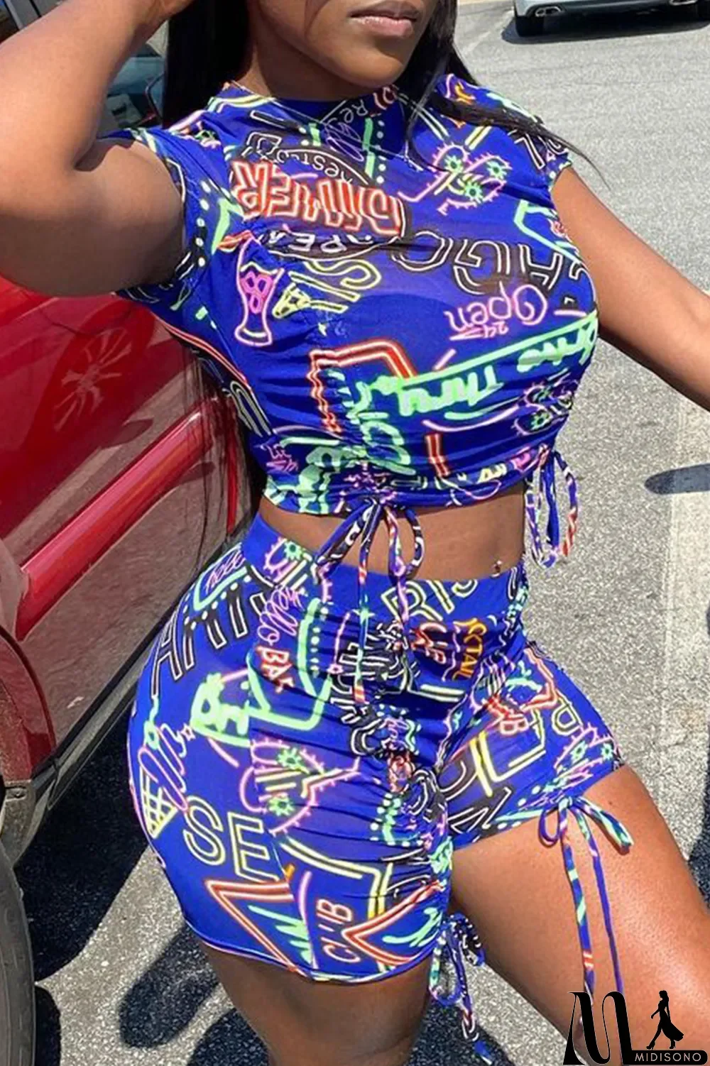 MidiSono - Blue Casual Print Draw String Turtleneck Short Sleeve Two Pieces