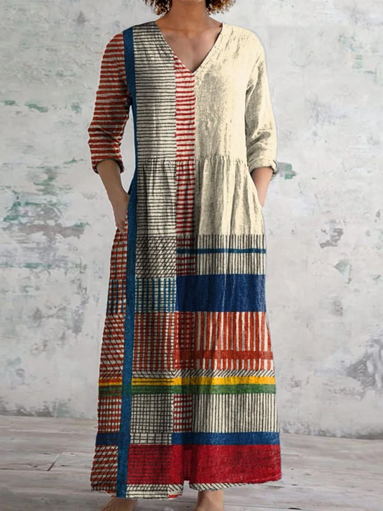 Womens Vintage Art Line Pattern Cotton And Linen Dress