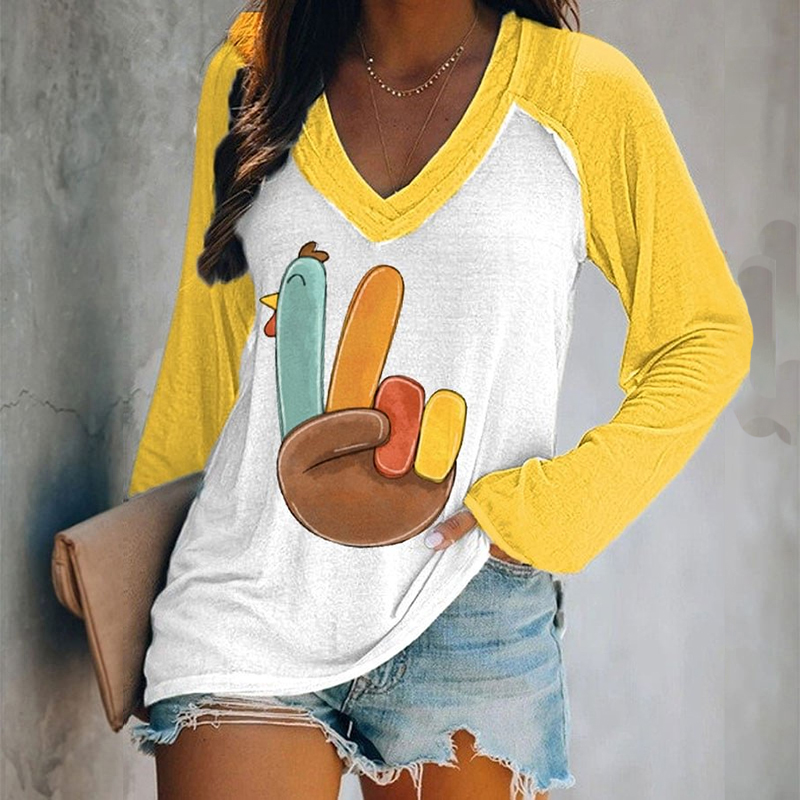 Women's Thanksgiving Peace Turkey Print V-Neck T-Shirt artswardrobe