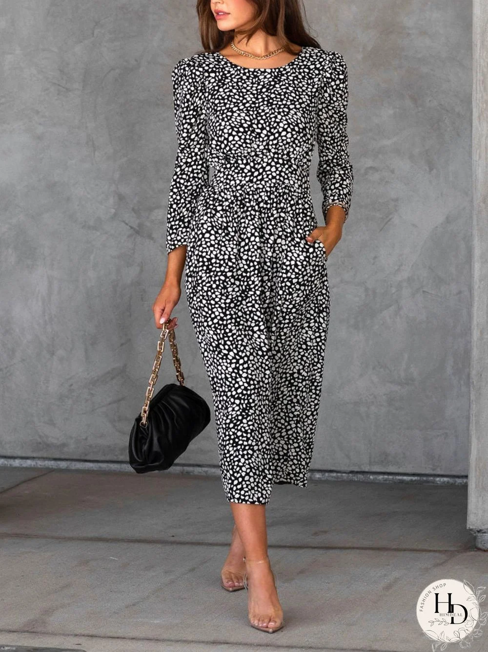 Casual Long Sleeve Crew Neck Printed Dress